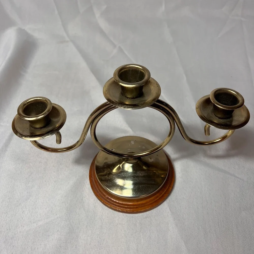 VTG Brass 3 Arm Candelabra Wood Base Scroll Candle Holder Hollywood Regency